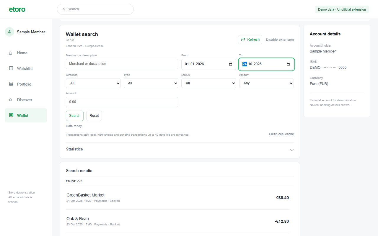 Wallet Search panel showing text, date, type, status and amount filters, followed by matching synthetic transactions